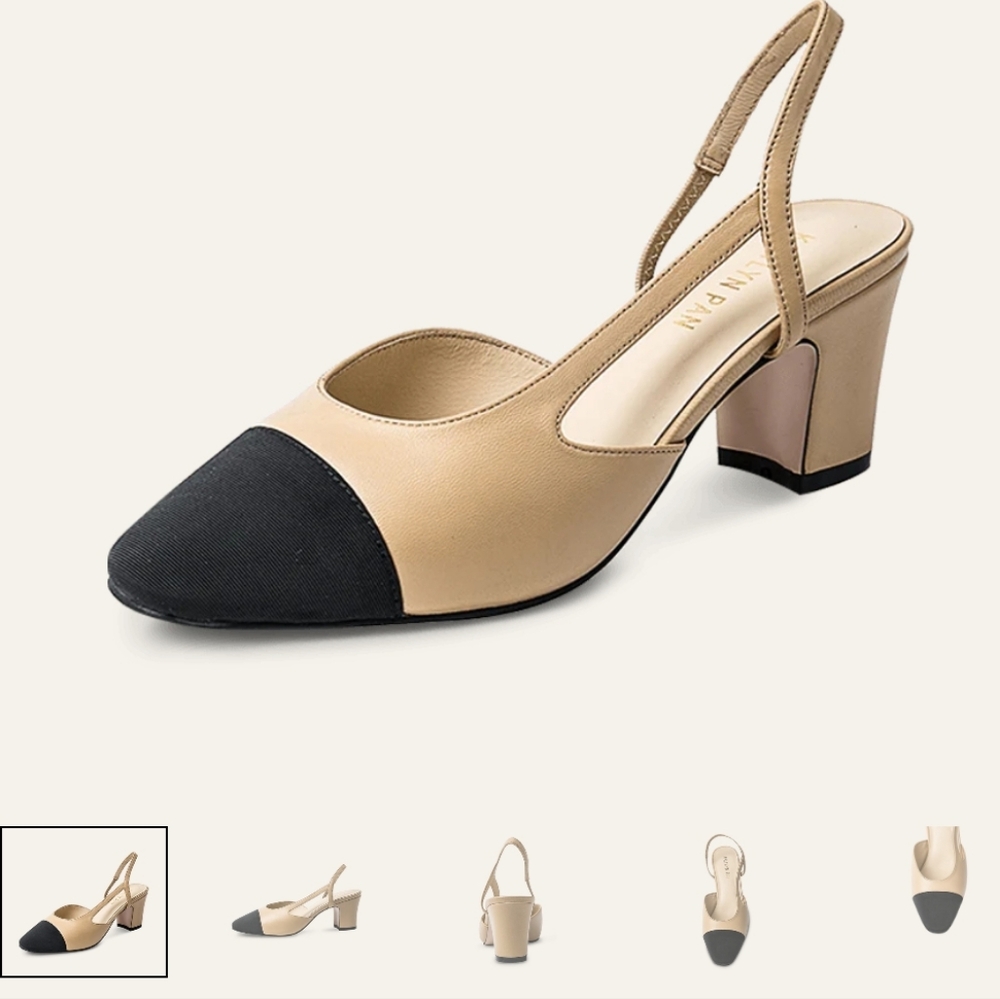 Kaitlyn Pan Women's Beige and Black Lambskin Leather Slingback Mid Heel - Picture 2 of 7